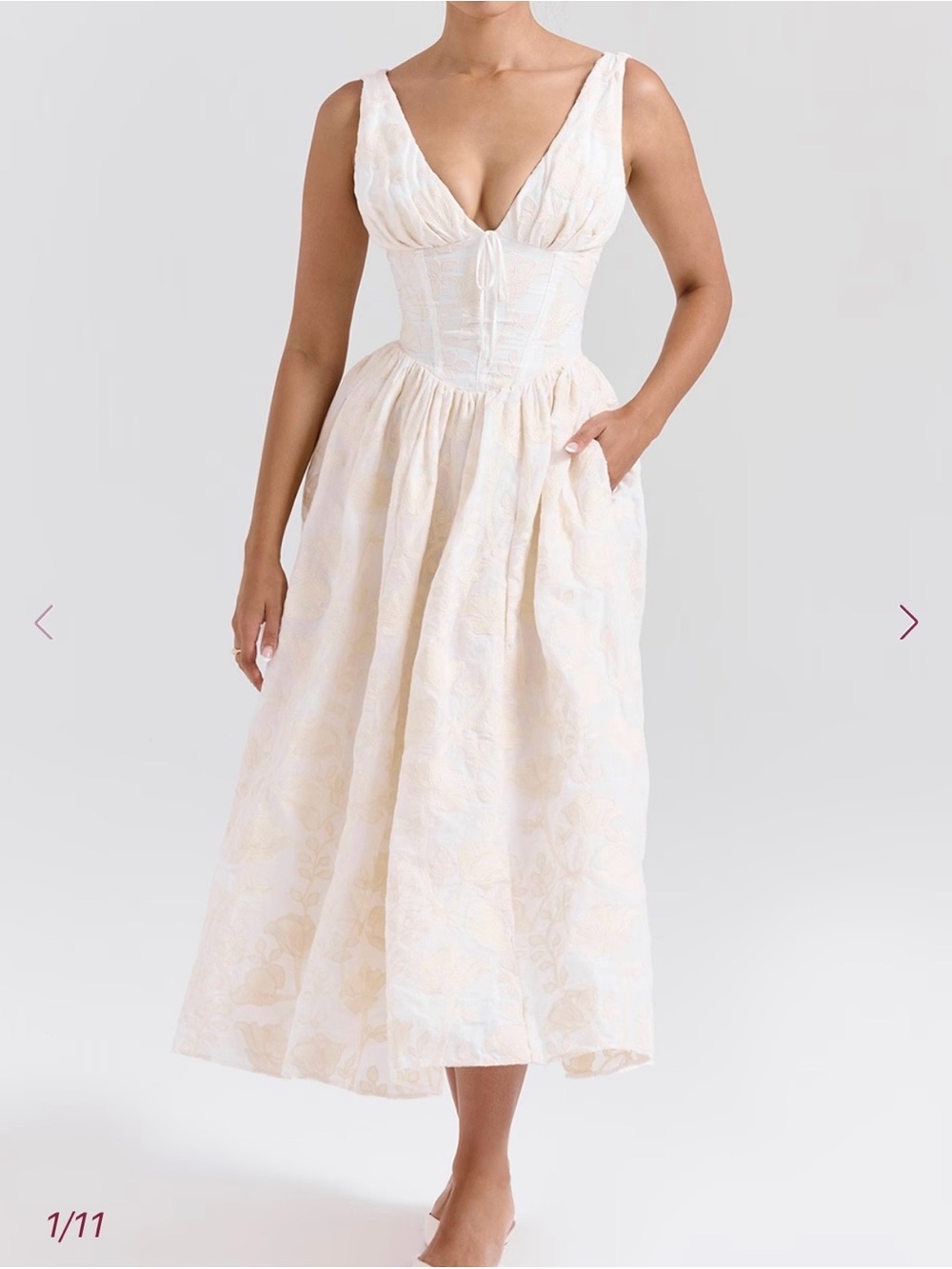 Women’s Cream Floral Midi Dress with Corset Bodice House of CB